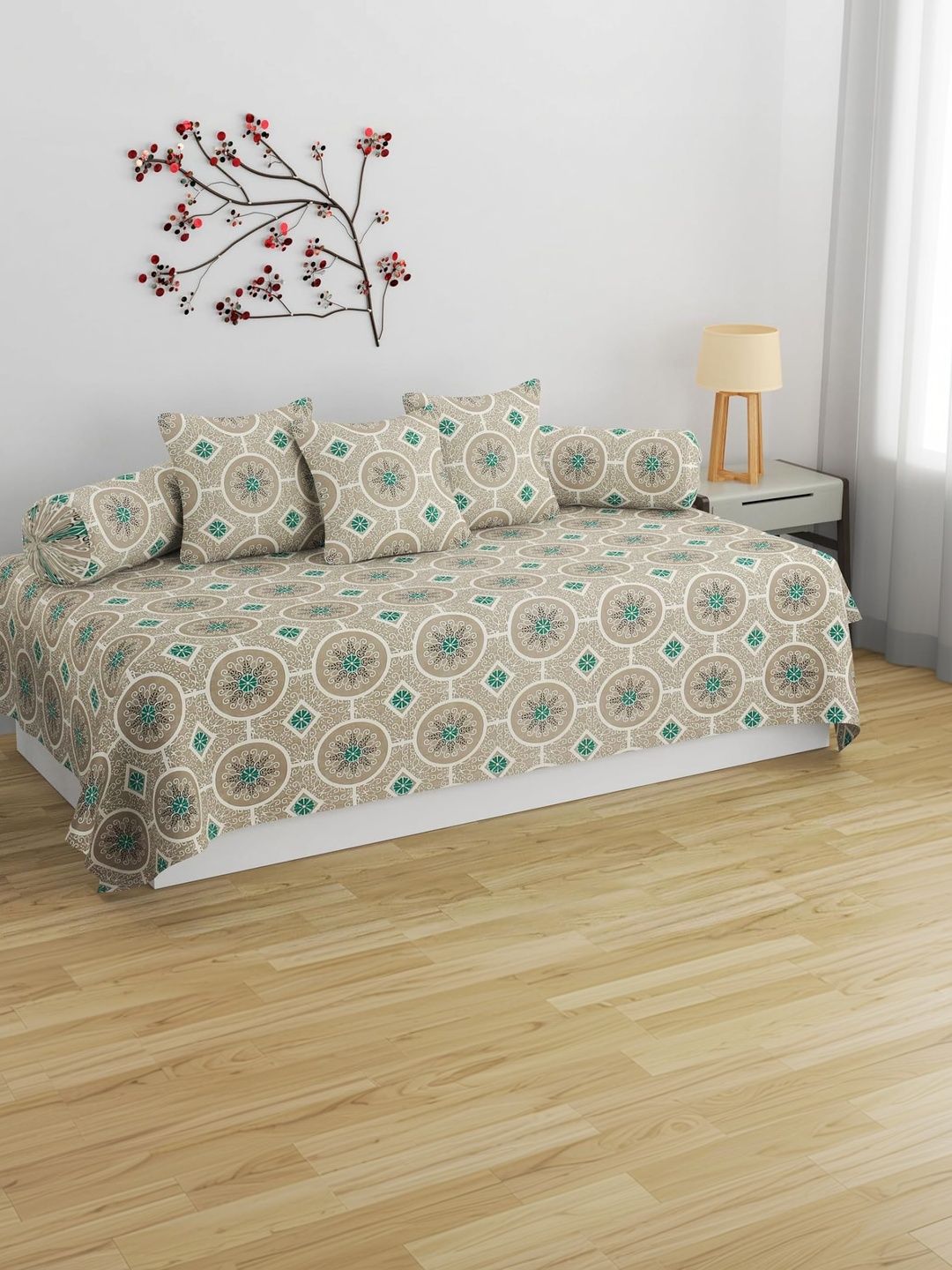 SHOMES Grey & Green Printed Pure-Cotton 250-GSM Superfine Single-Size Diwan Set-image-31