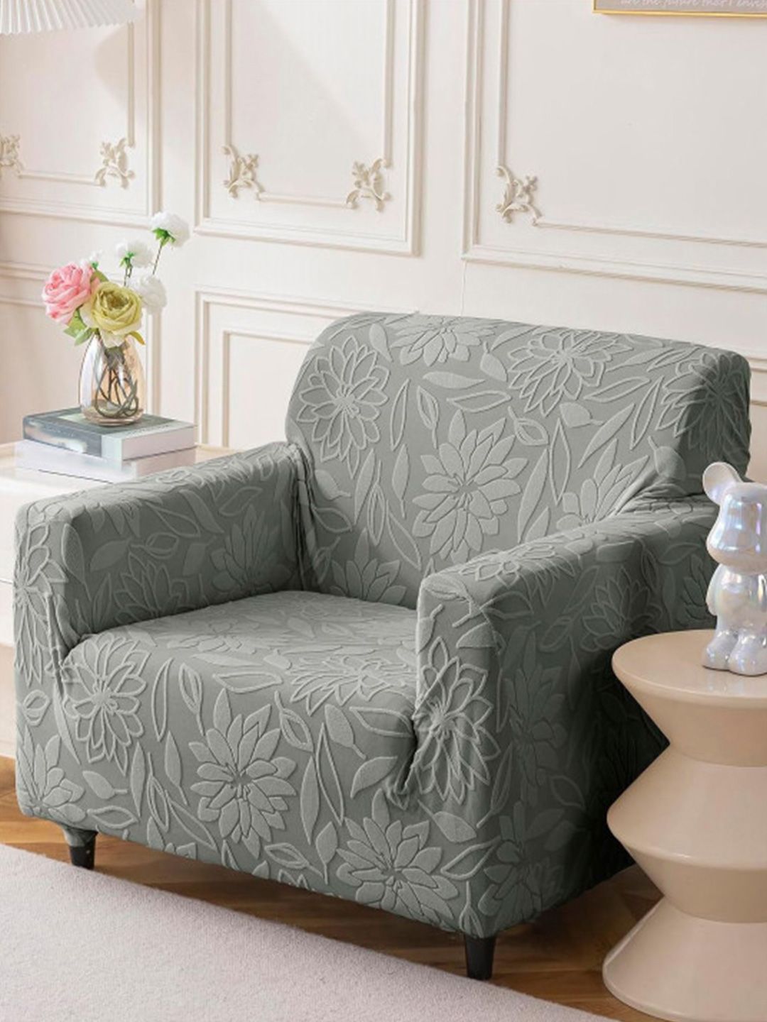 HOUSE OF QUIRK Grey Self Design Jacquard Soft Touching 1 Seater Sofa Cover-image-48