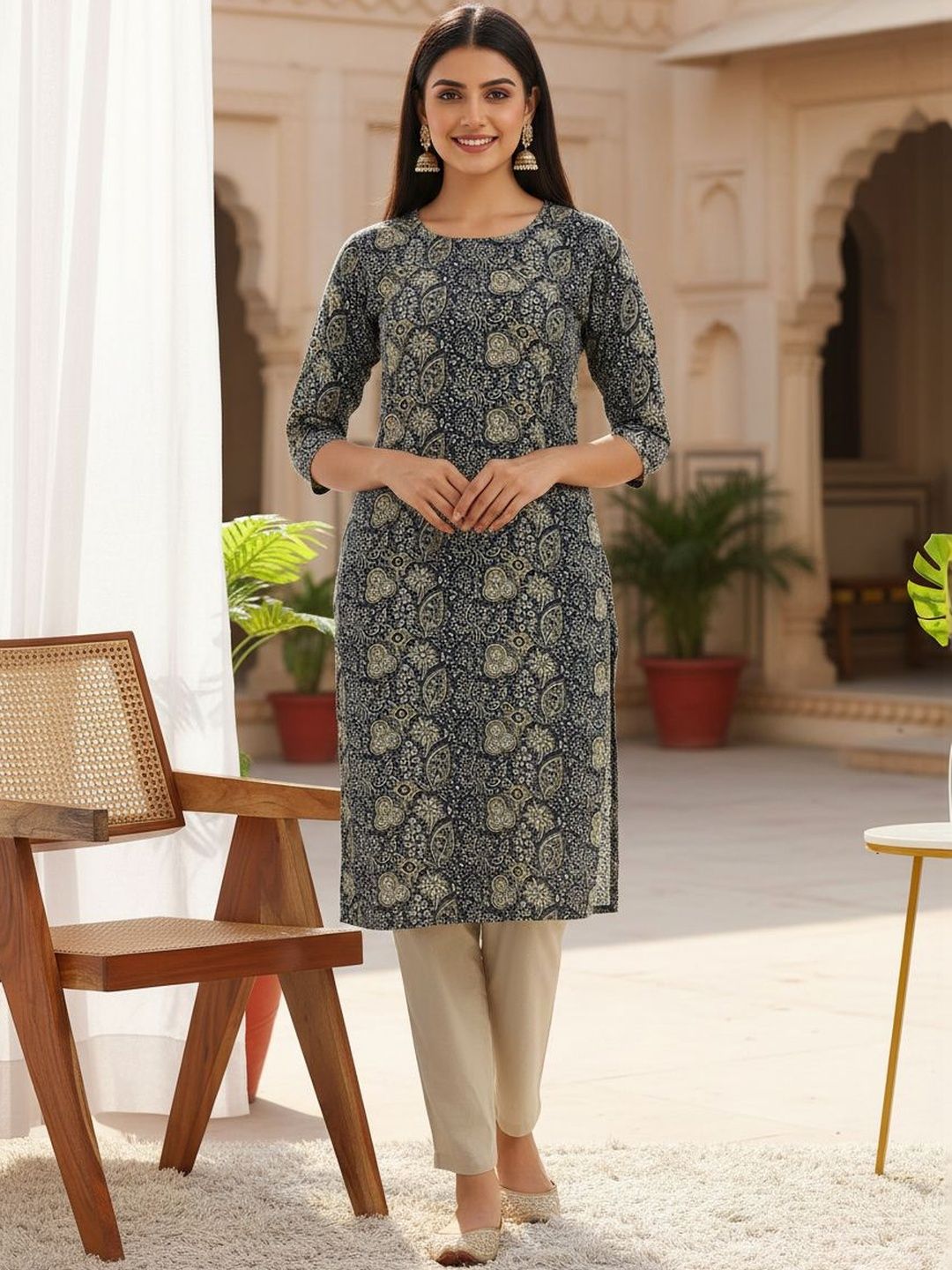 JANKHANA Women Ethnic Motifs Printed Thread Work Crepe Kurta-picture-5