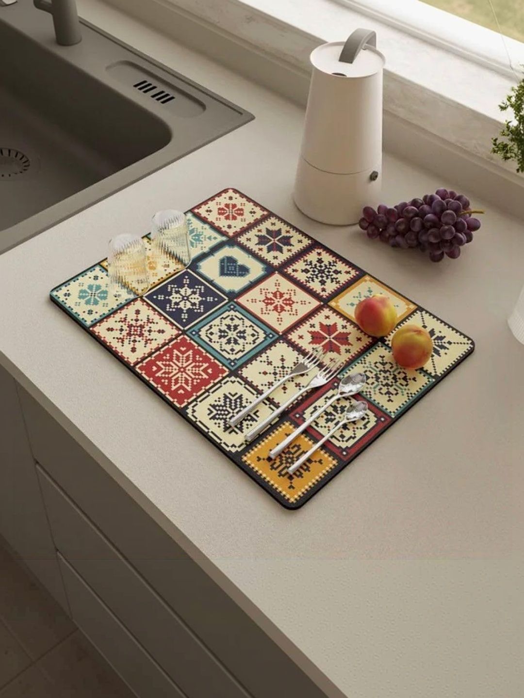 HomeCloud White & Green Printed Rubber Anti-Skid Kitchen Mat-image-33