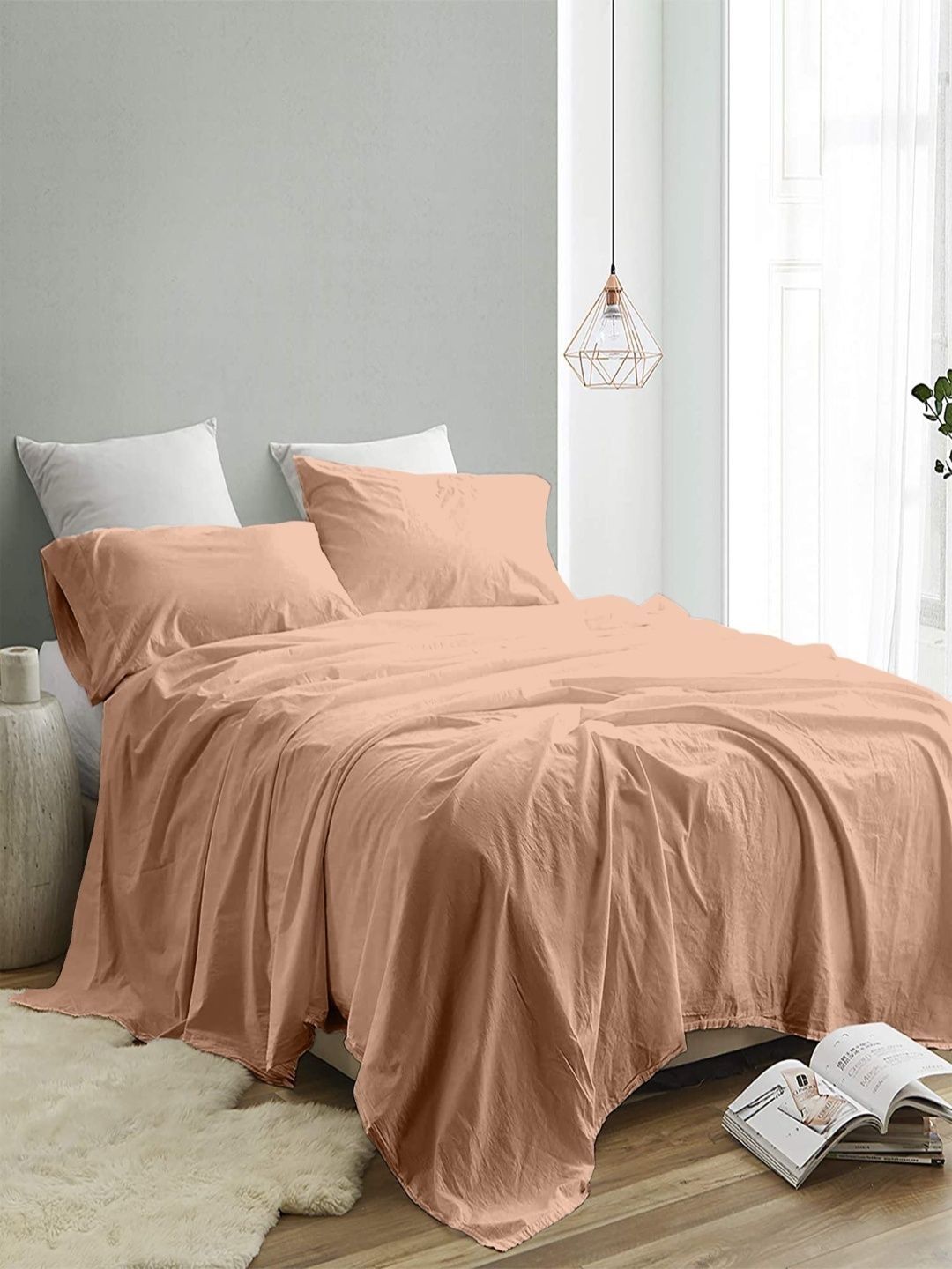 Sangria Peach 300 TC King Double Bedsheet With 2 Pillow Covers-2.74 m x 2.74 m