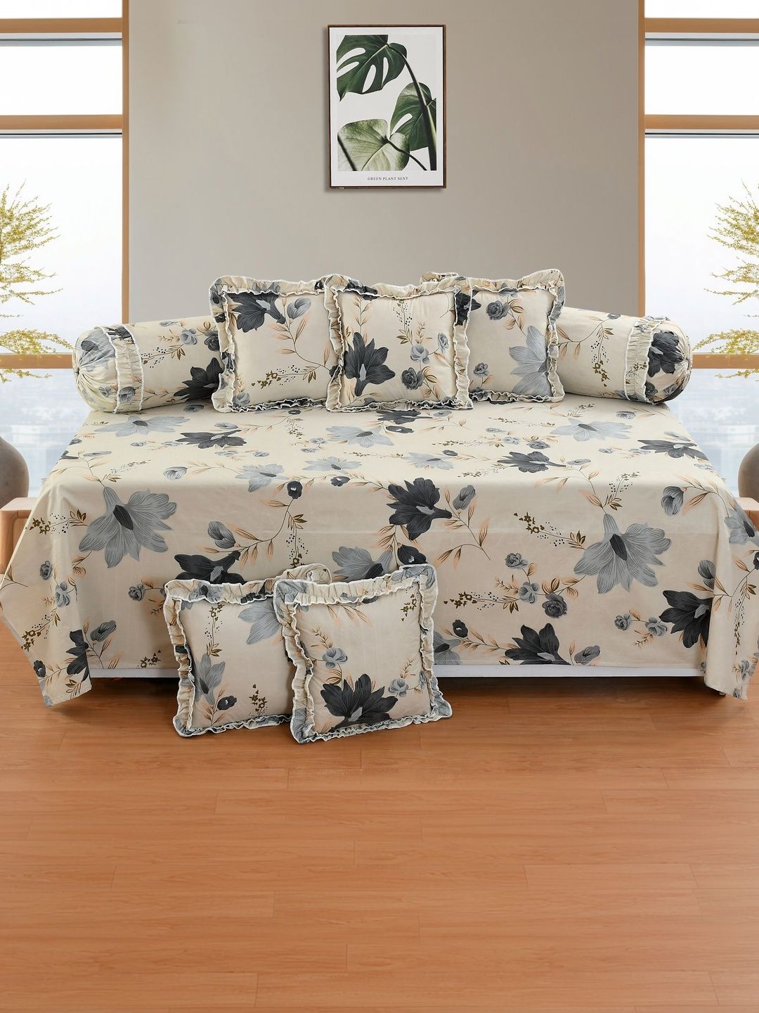 Luxmi Cotton Fabrics 8Pcs Beige & Black Floral Printed Cotton Diwan Set-picture-54