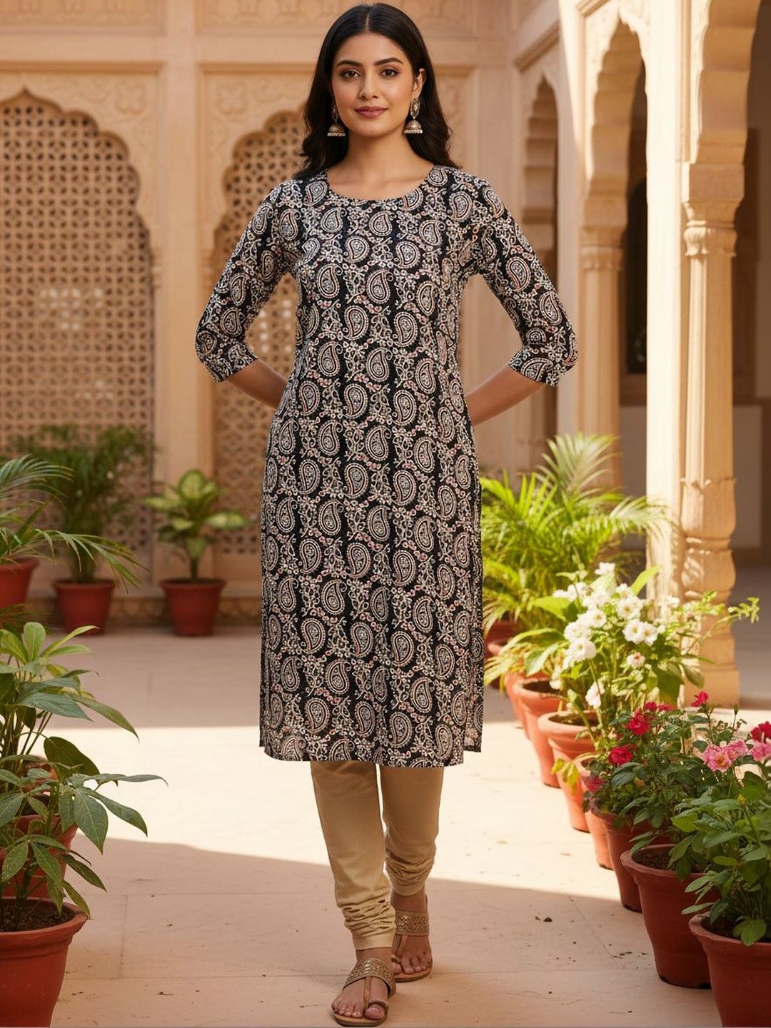 JANKHANA Women Floral Printed Mirror Work Crepe Kurta-image-14