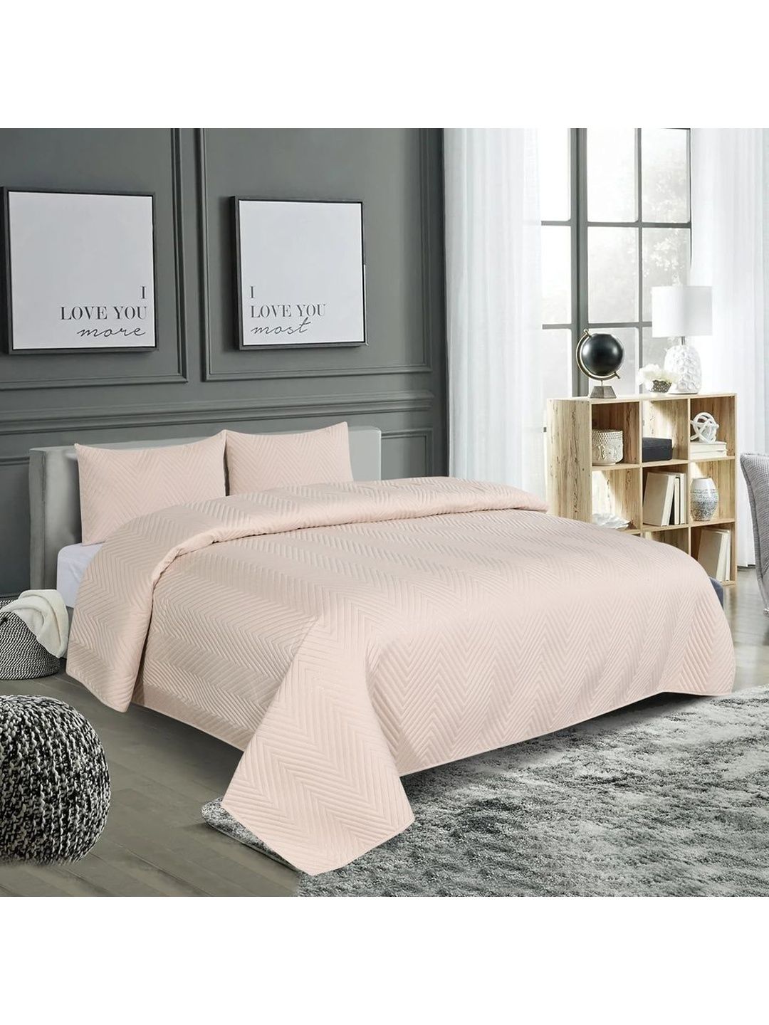 RD TREND 3Pcs Beige 300 TC Textured Quilted King Size Bed Cover & 2 Pillow Covers-picture-32