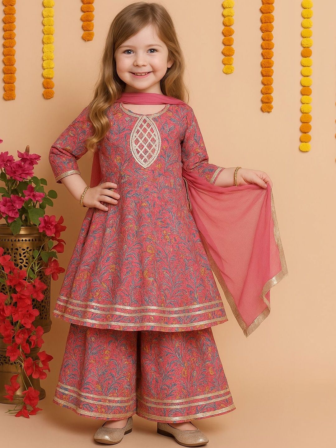 Arshia Fashions Girls Floral Printed Regular Gotta Patti Kurta with Sharara & With Dupatta-picture-48