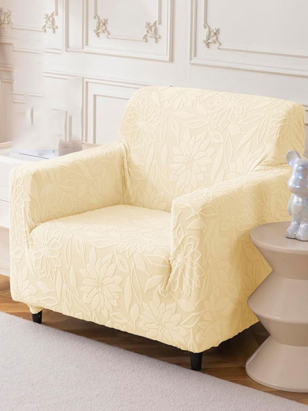 HOUSE OF QUIRK Cream-coloured Self Design Jacquard Soft Touching 1 Seater Sofa Cover-picture-31
