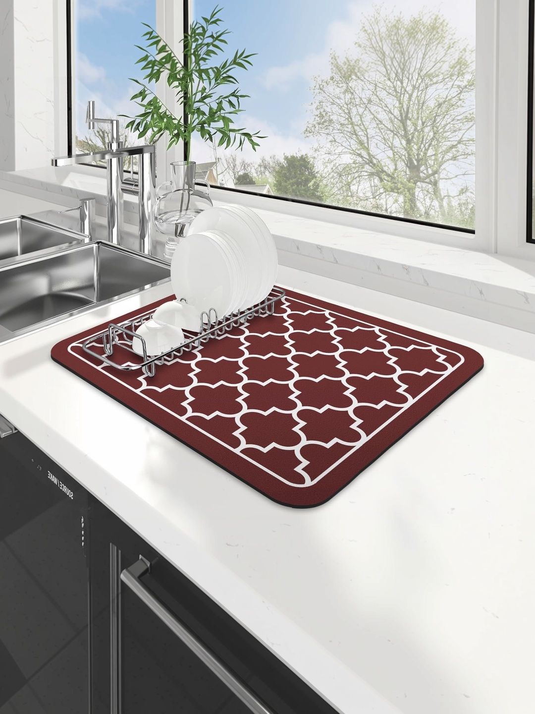 HomeCloud Maroon & White Geometric Printed Rubber Anti-Skid Kitchen Mat-image-40