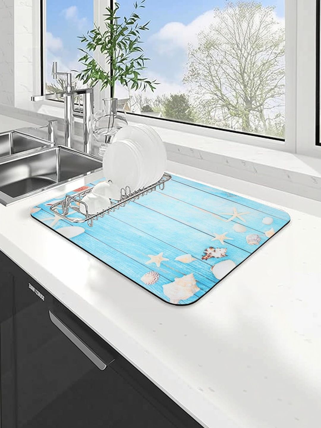 HomeCloud Blue & White Star Fish Printed Rubber Anti-Skid Kitchen Mat-image-46