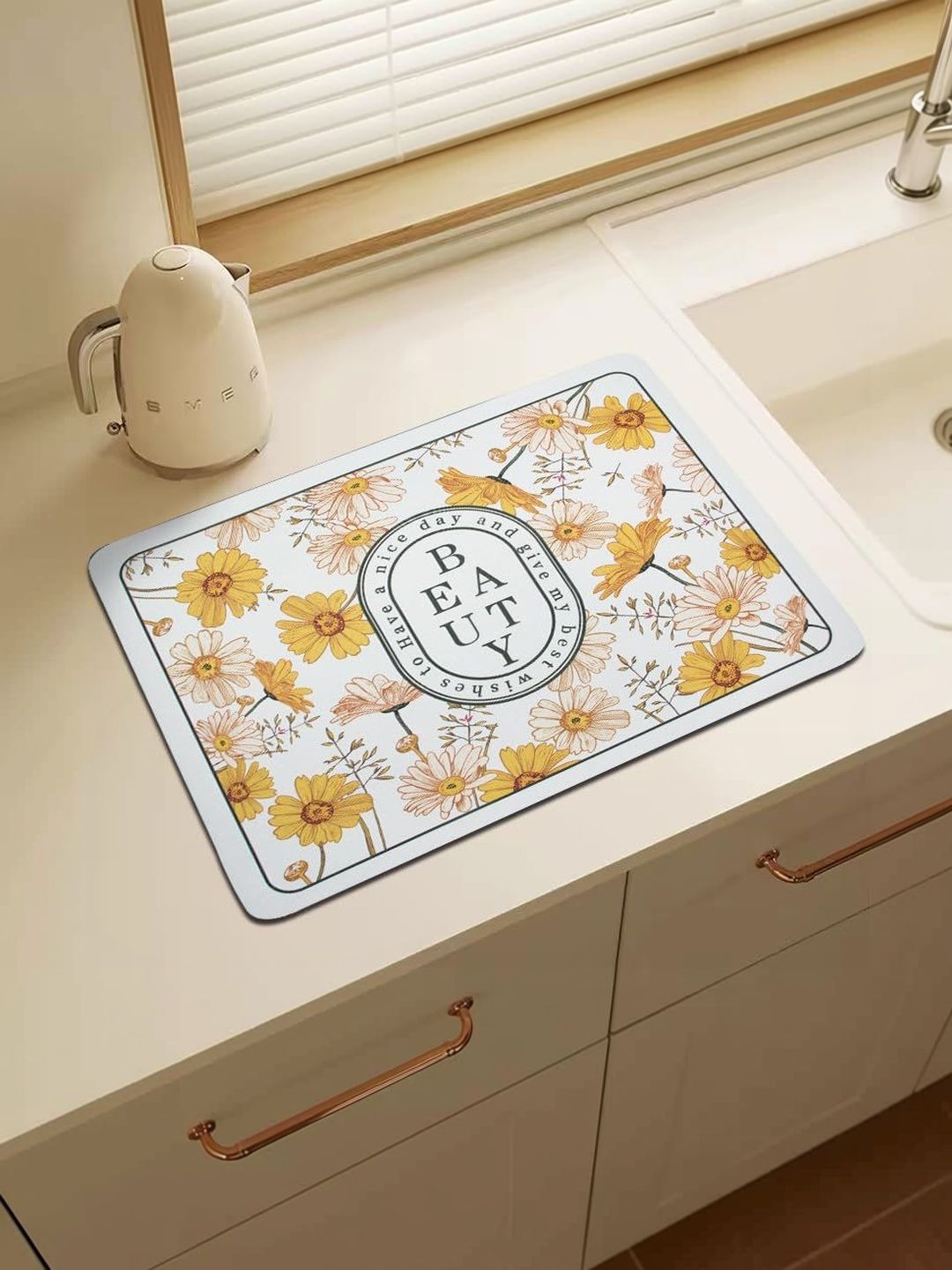HomeCloud Yellow & White Floral Printed Rubber Anti Slip Kitchen Mat