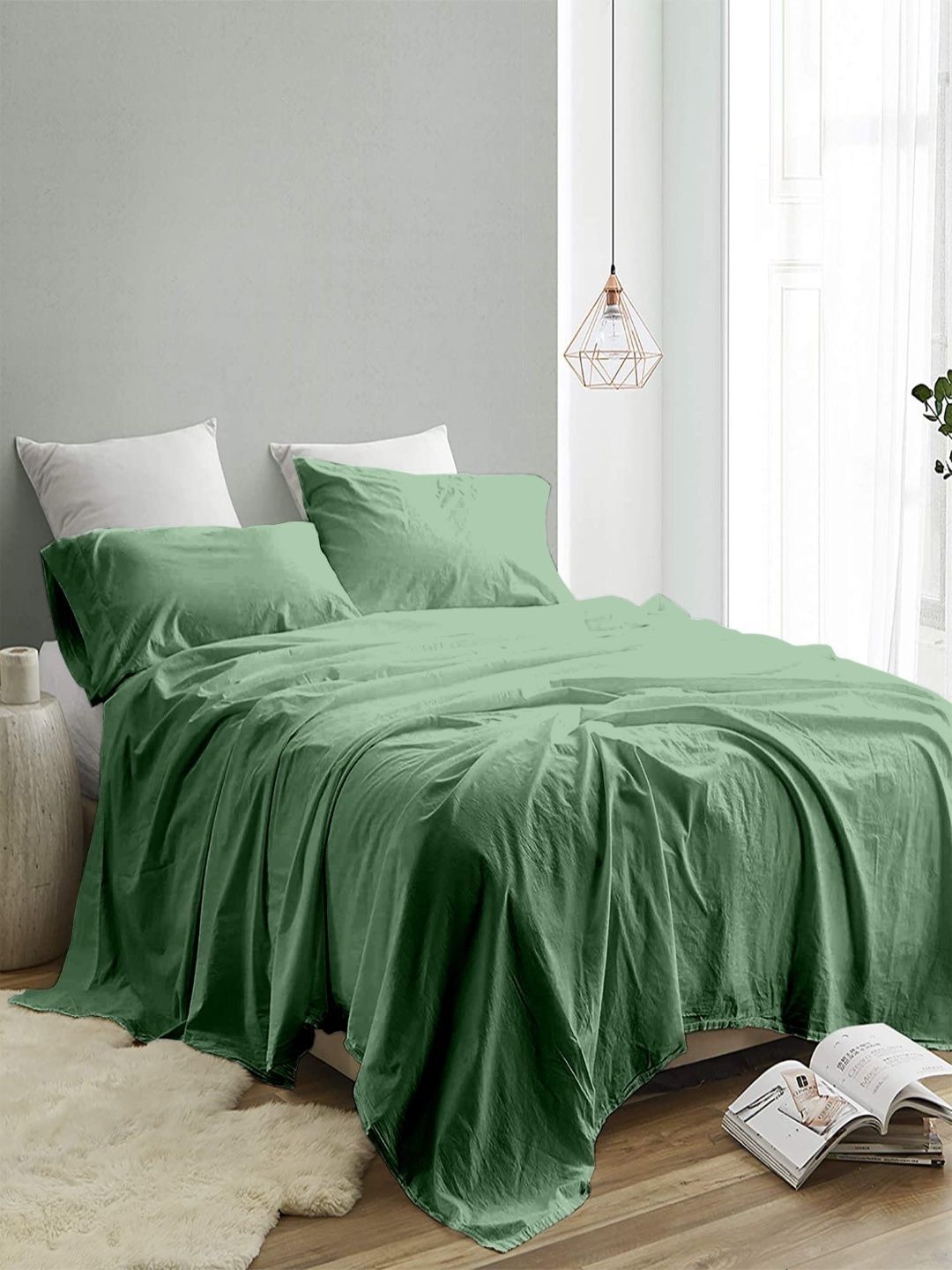 Sangria Sea Green 300 TC King Double Bedsheet With 2 Pillow Covers-2.74 m x 2.74 m-image-37