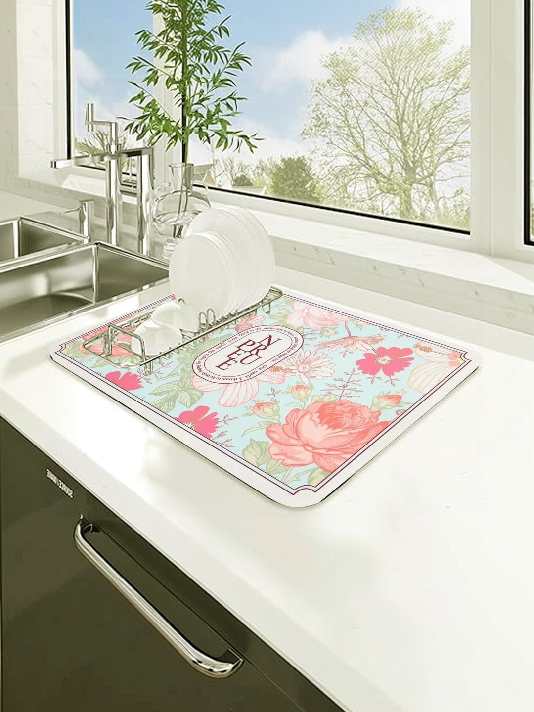 HomeCloud Pink & Green Rose Printed Rubber Anti-Skid Kitchen Mat-picture-22