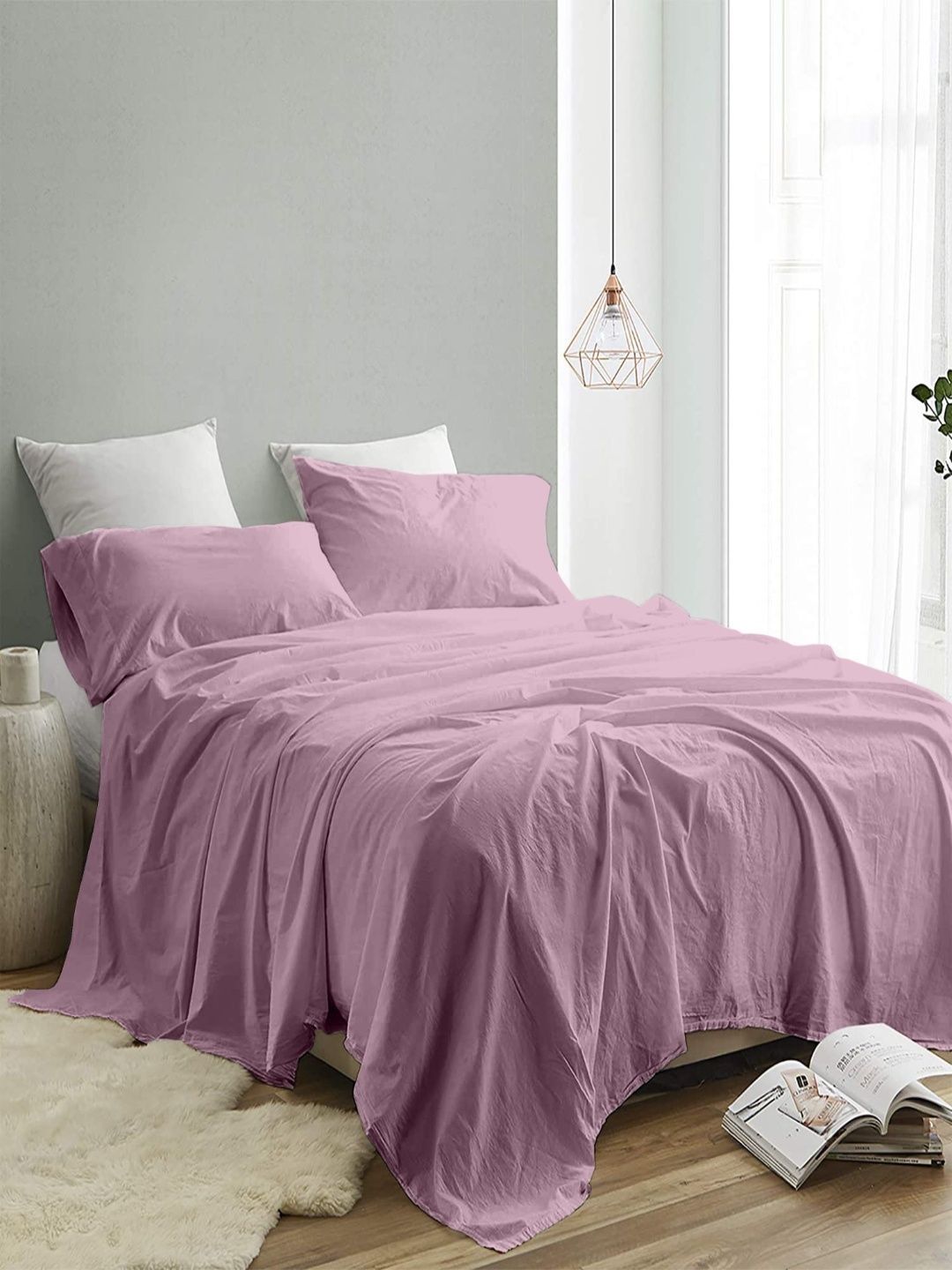 Sangria Lavender Color 300 TC King Double Bedsheet With 2 Pillow Covers-2.74 m x 2.74 m