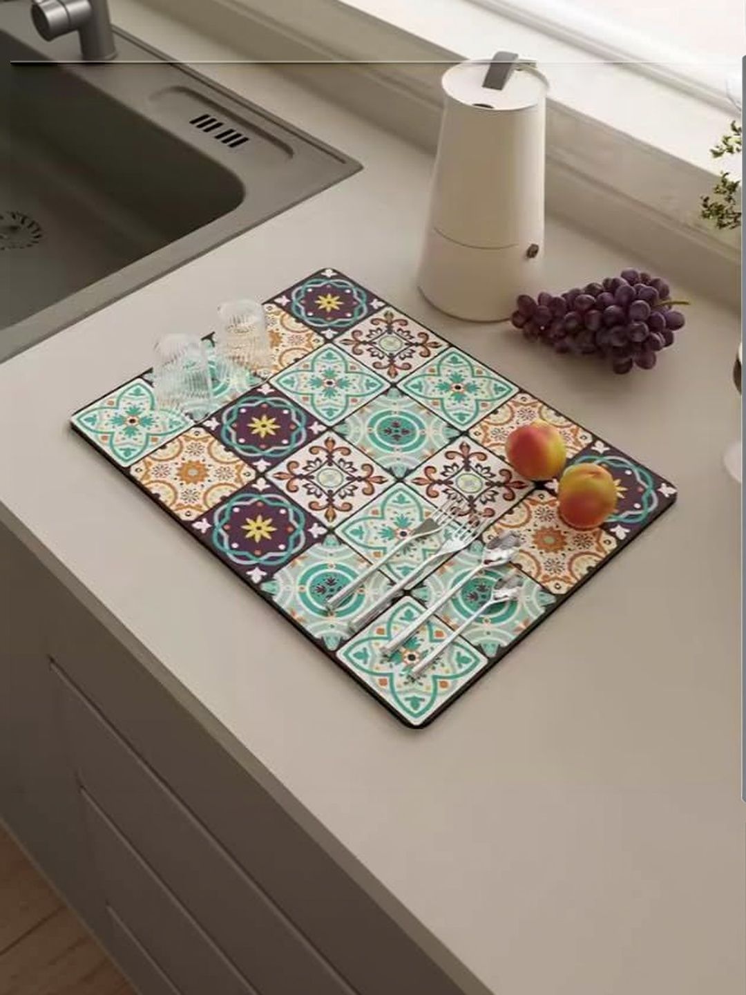 HomeCloud Orange & Green Floral Printed Rubber Anti-Skid Kitchen Mat-image-41