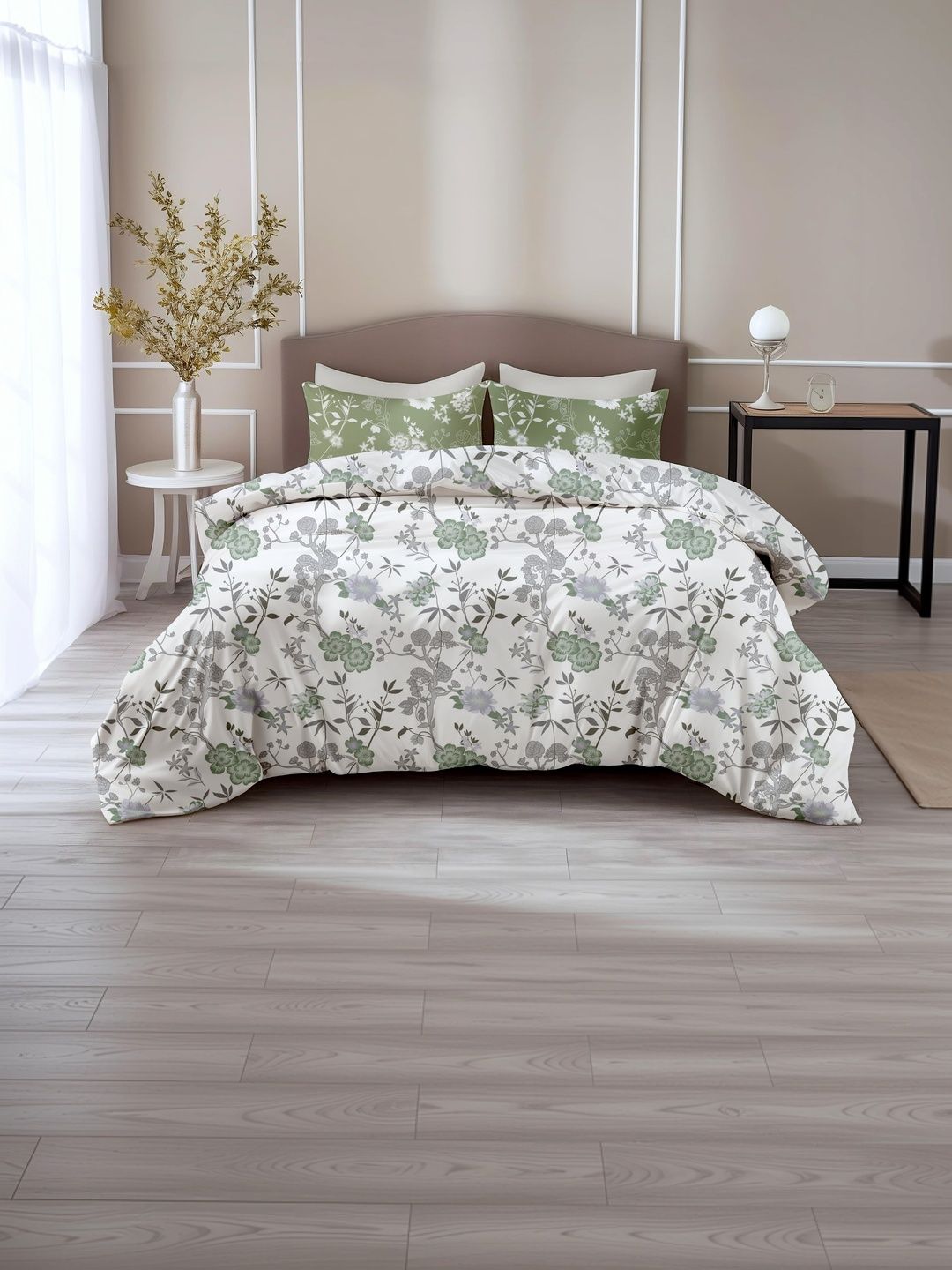 LORETO White Floral 144 TC Bedsheet with 2 Pillow Covers-picture-55