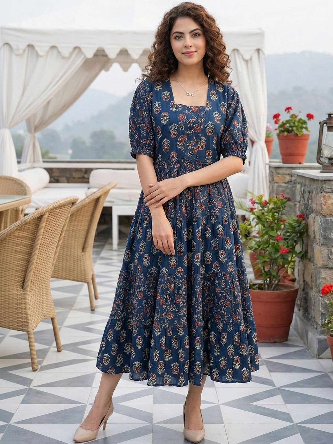 Anouk Bohemian Print Puff Sleeve Fit & Flare Midi Dress-image-2