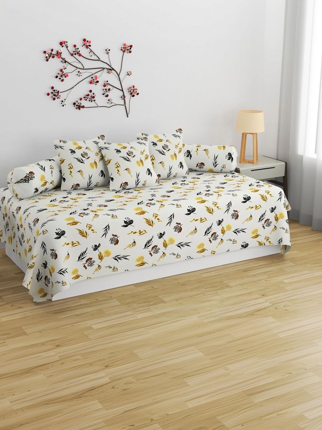 SHOMES White & Yellow Printed Pure-Cotton 250-GSM Superfine Single-Size Diwan Set-picture-36