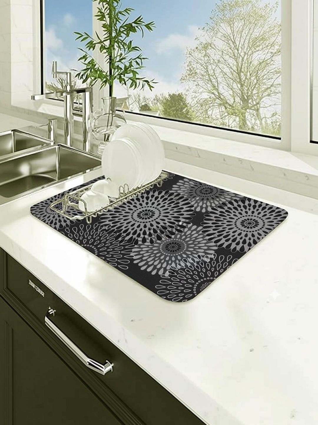 HomeCloud Black & Grey Geometric Printed Rubber Anti-Skid Kitchen Mat-image-9