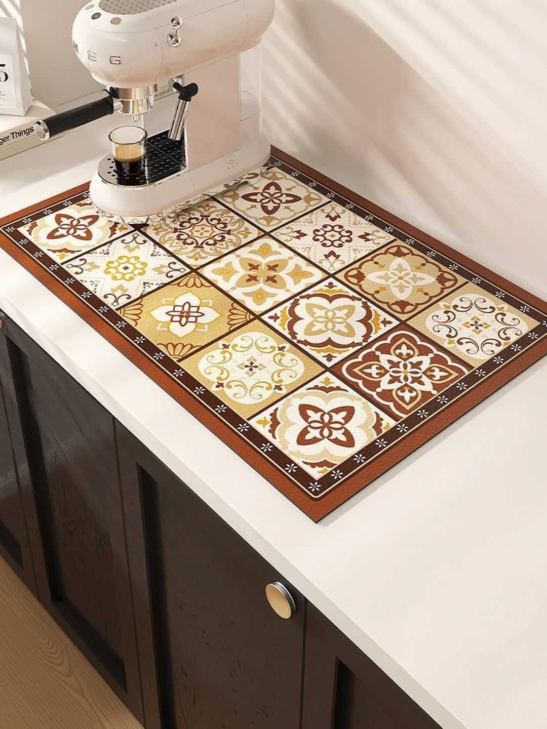 HomeCloud Brown & Yellow Morrocan Printed Rubber Anti-Skid Kitchen Mat-image-35