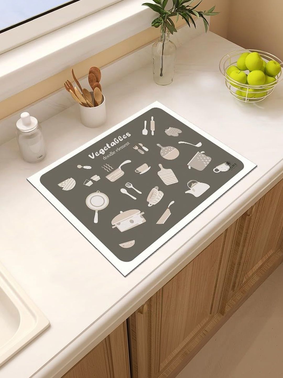 HomeCloud Khaki & White Printed Rubber Anti Slip Kitchen Mat