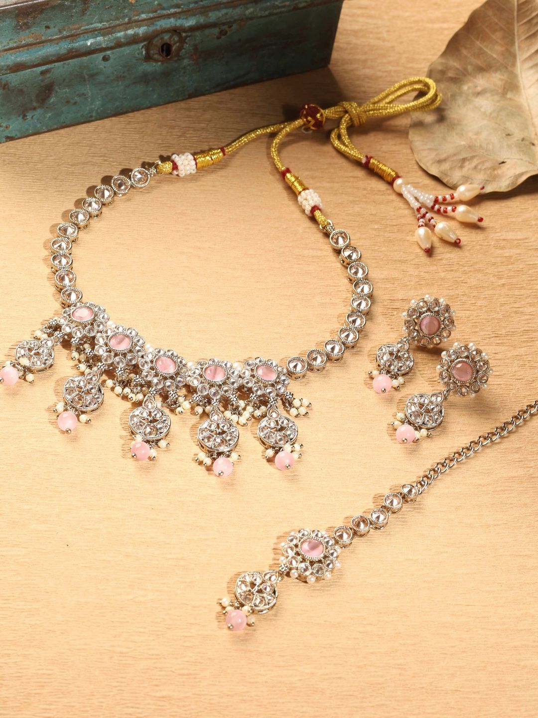 SALONI FASHION JEWELLERY Gold Plated Kundan Stone-Studded & Beaded Jewellery Set-picture-35