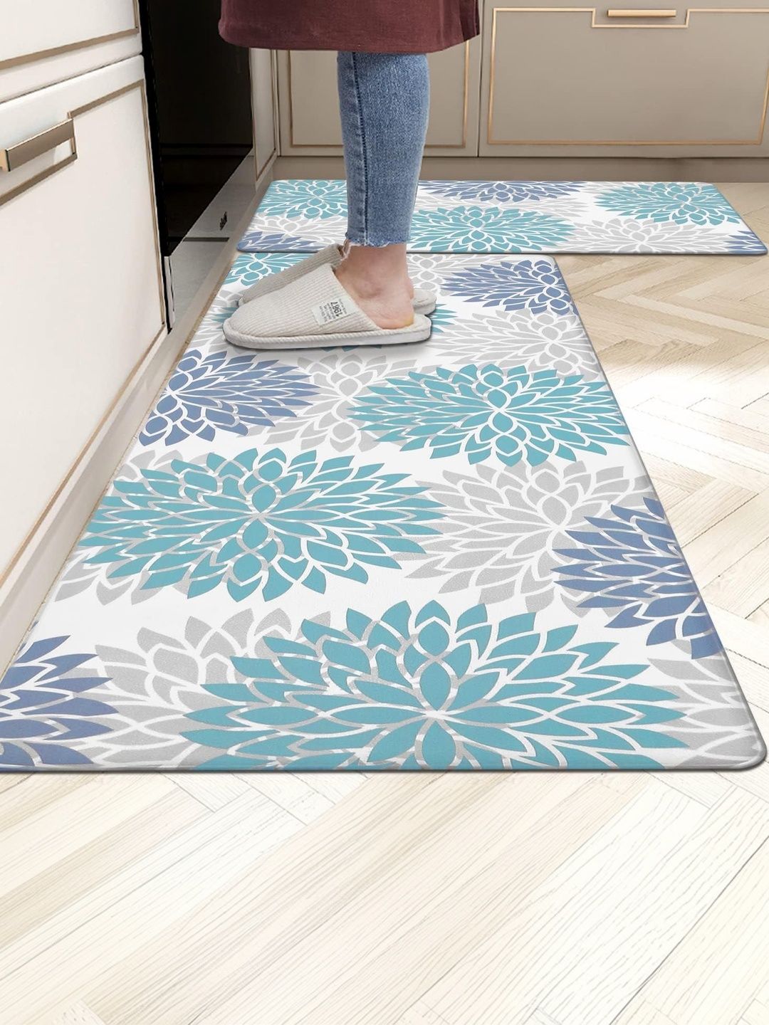 HomeCloud Blue & White Printed Rubber Anti-Slip 2-Pcs Kitchen Mats-picture-45