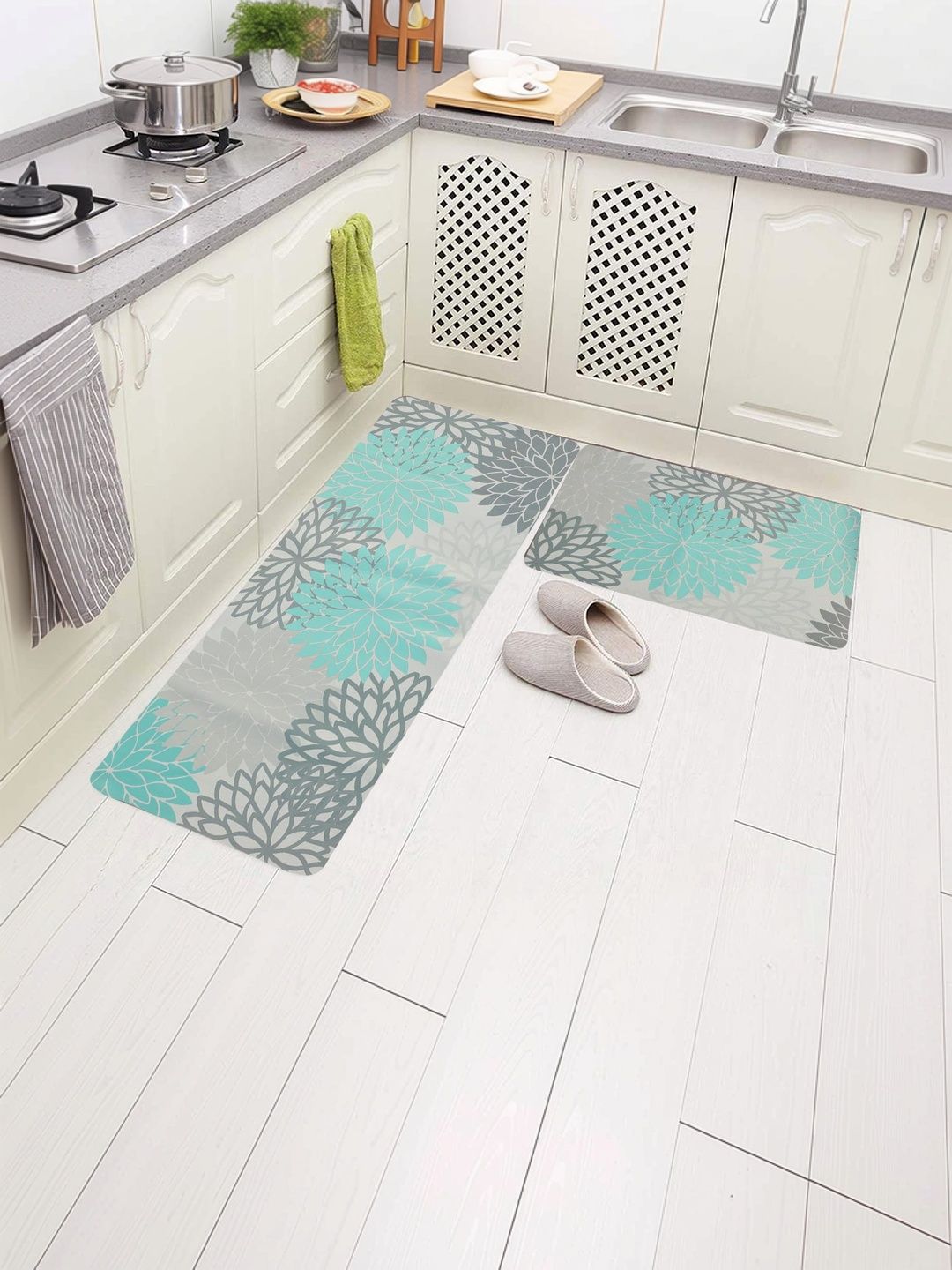 HomeCloud Green & Grey Printed Rubber Anti-Slip 2-Pcs Kitchen Mats-image-19