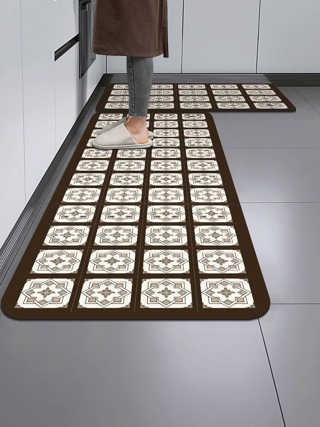 HomeCloud Brown & White Printed Rubber Anti-Slip 2-Pcs Kitchen Mats-picture-22
