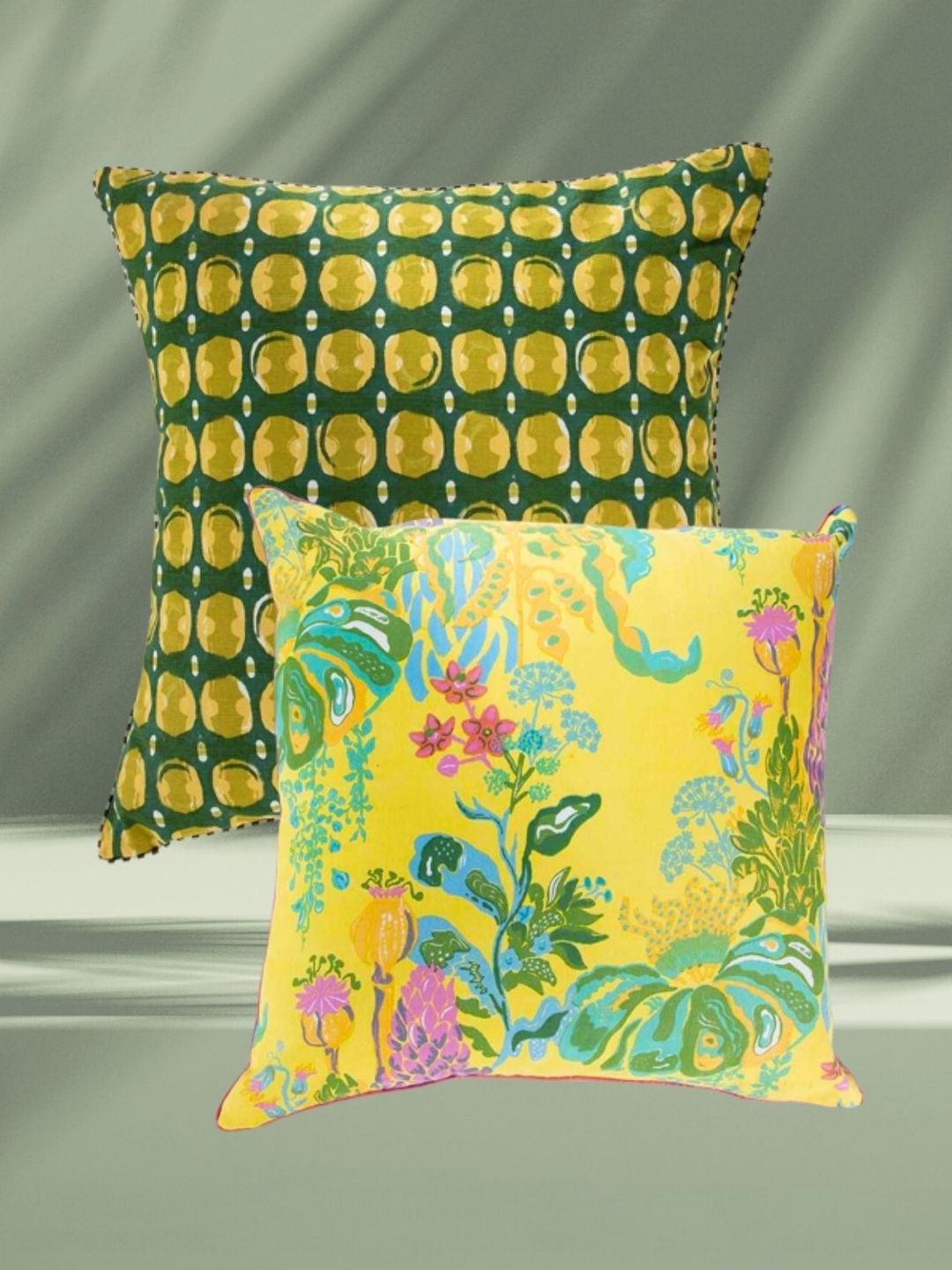 FREEDOM TREE Yellow & Green Set of 2 Floral Square Cushion Covers-picture-58