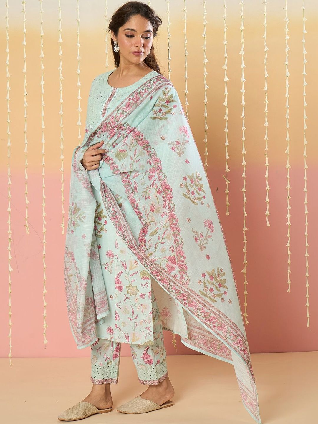Indo Era Women Floral Printed Regular Thread Work Kurta with Trousers & With Dupatta-picture-36