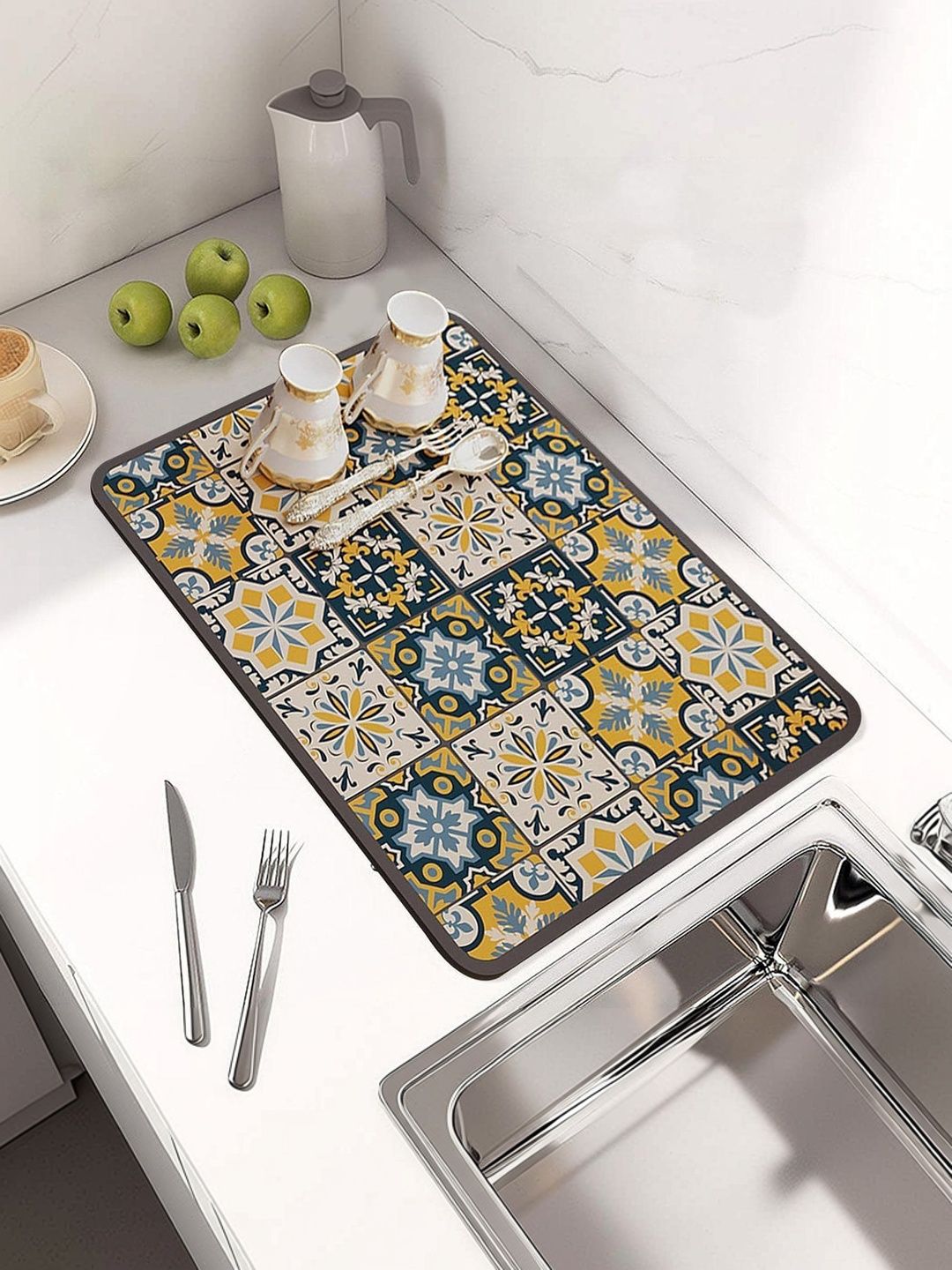 HomeCloud Yellow & Grey Printed Rubber Anti-Skid Kitchen Mat-image-43