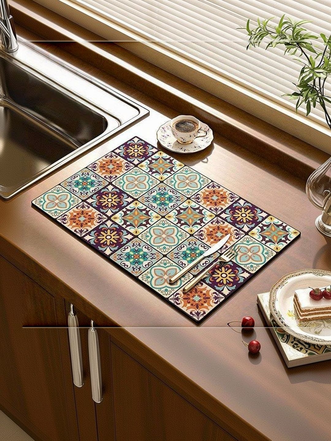 HomeCloud Brown & Green Printed Rubber Anti Slip Kitchen Mat-image-47