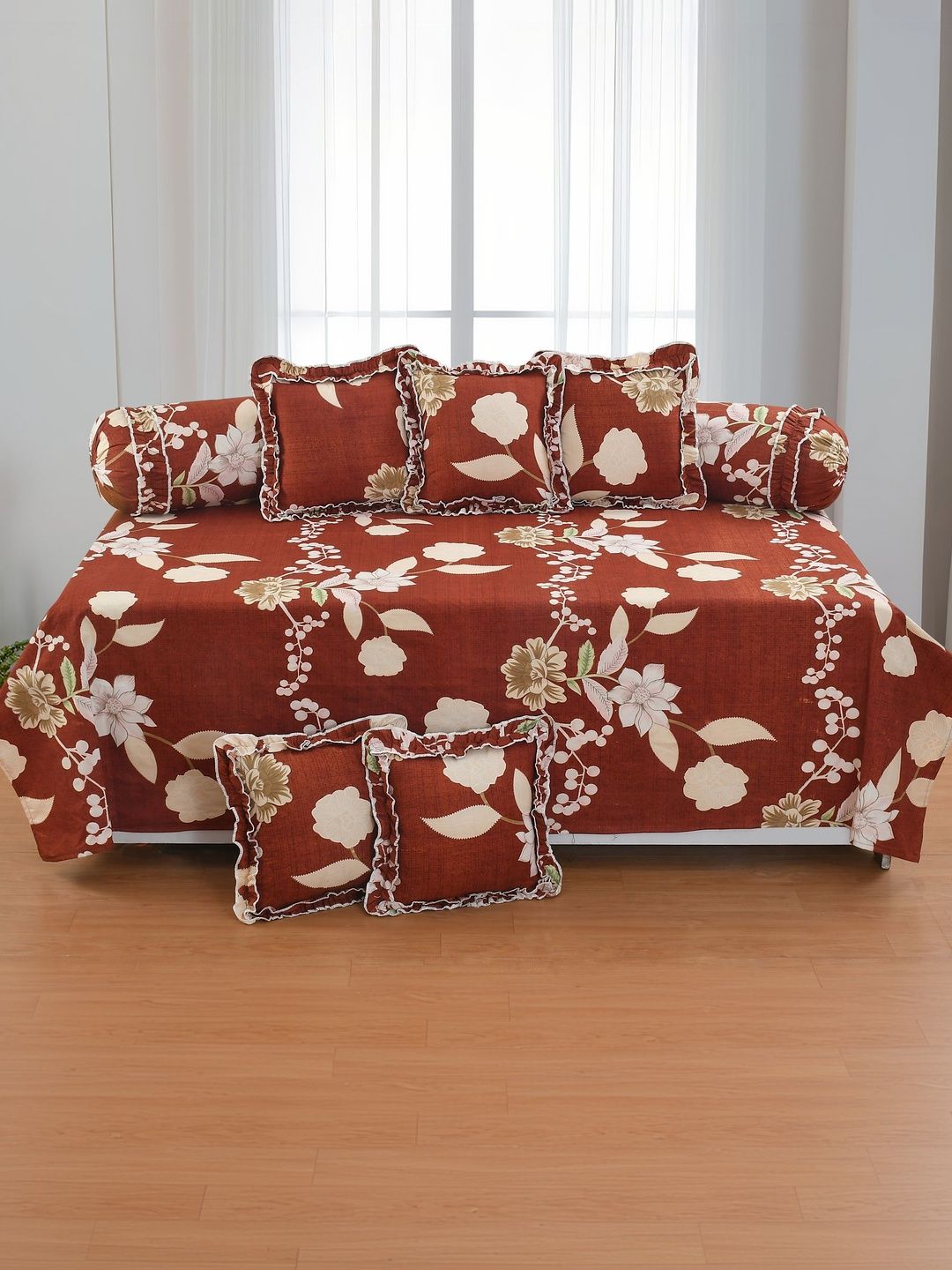 Luxmi Cotton Fabrics 8Pcs Rust & White Floral Printed Cotton Diwan Set-picture-27