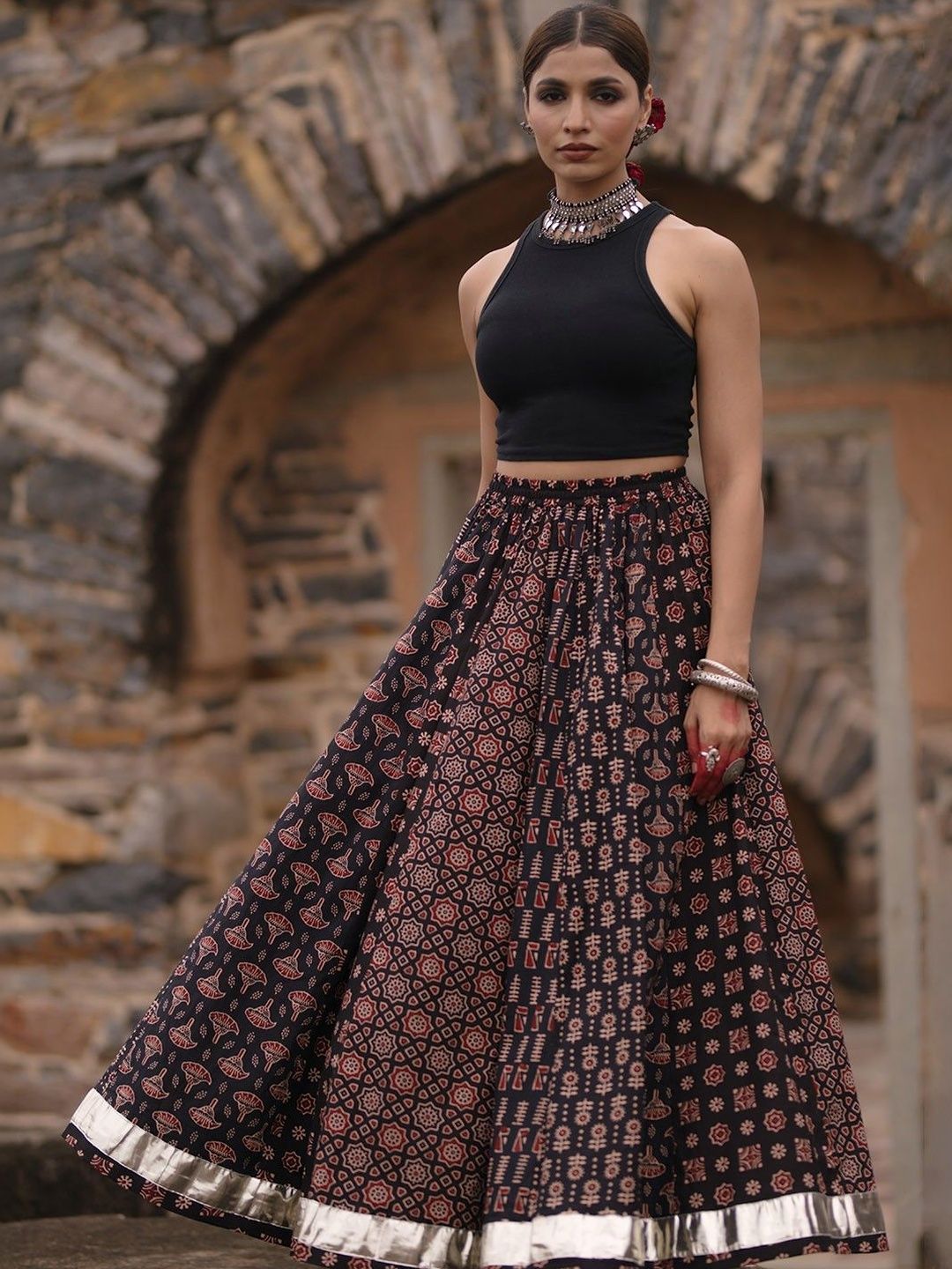 KALINI Printed Pure Cotton Maxi A-Line Skirts-picture-13