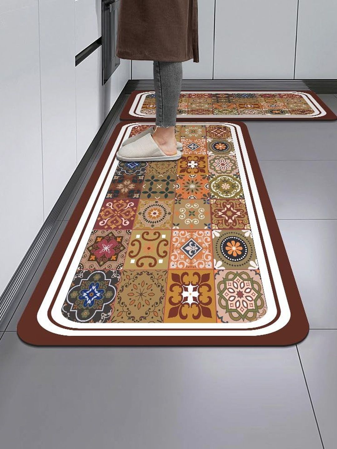 HomeCloud Khaki & Maroon Printed Rubber Anti-Slip 2-Pcs Kitchen Mats-image-46