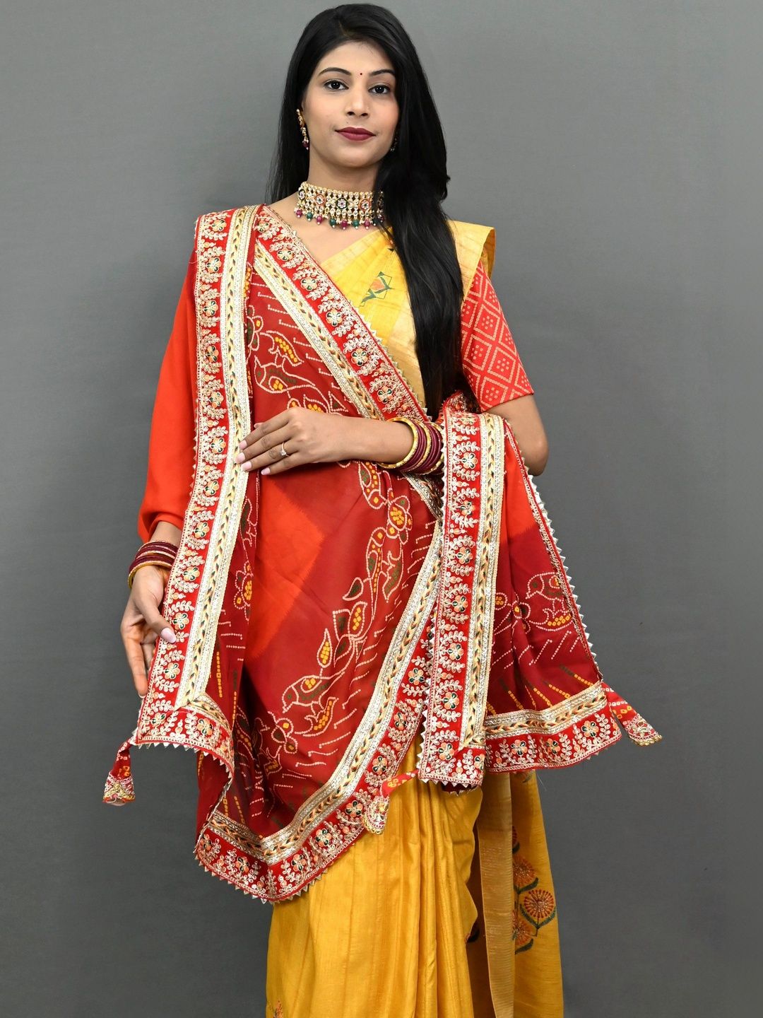 Ranisatiya creation Orange & Red Bandhani Printed Dupatta