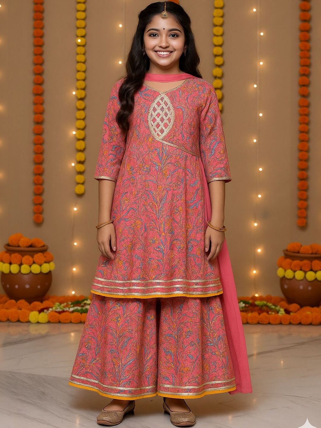 Arshia Fashions Girls Floral Printed Angrakha Thread Work Kurta with Sharara & With Dupatta-image-31