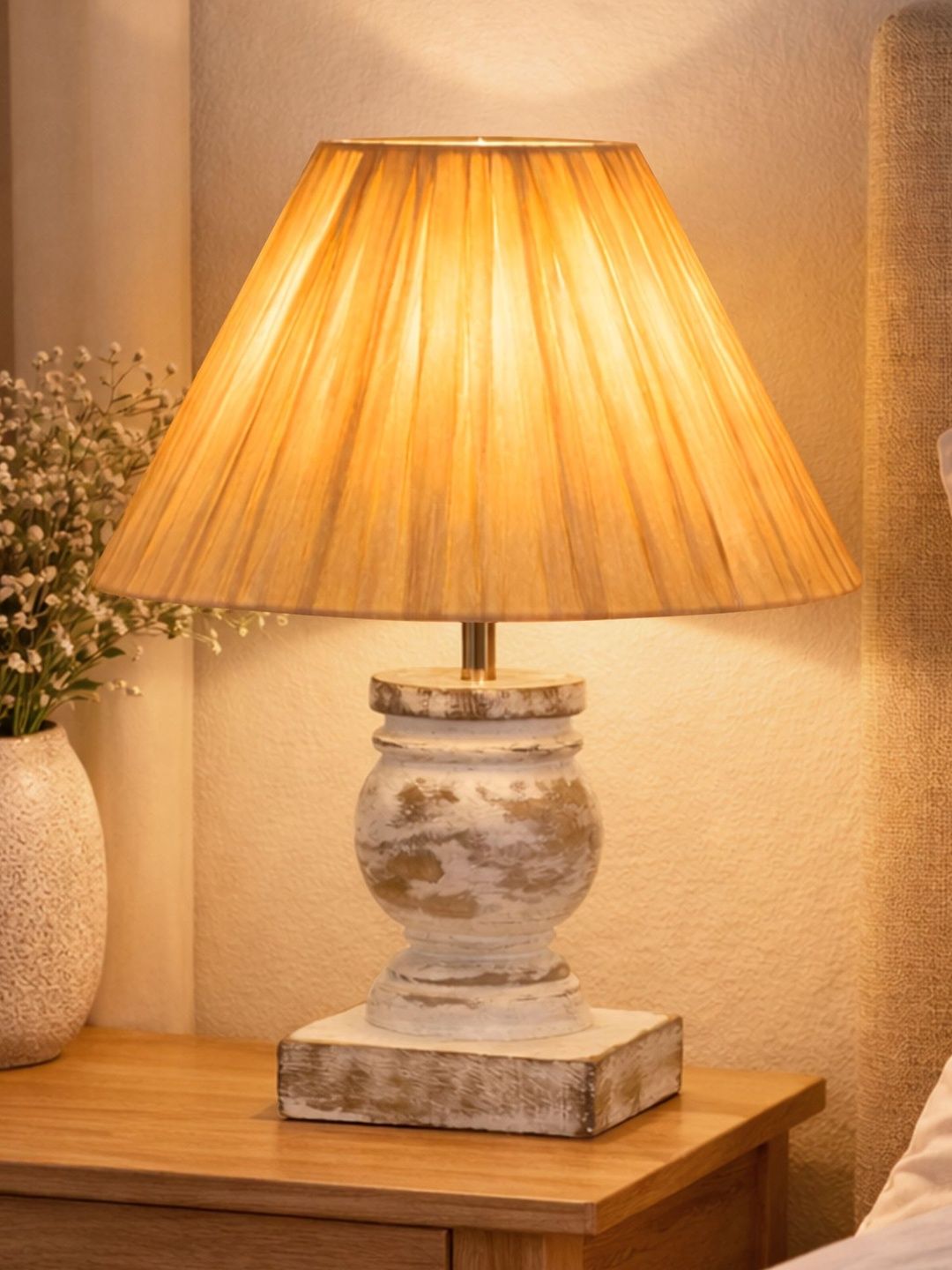 Homesake Beige Textured Wood Frusturical Shaped Table Lamp-image-19