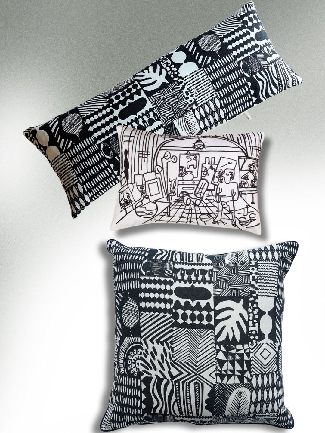 FREEDOM TREE Black & White Set of 3 Abstract Square Cushion Covers-image-49