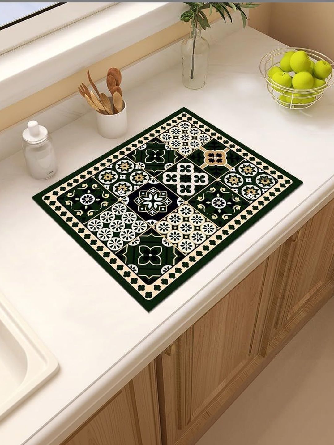 HomeCloud Olive Green & White Printed Rubber Anti Slip Kitchen Mat-image-13
