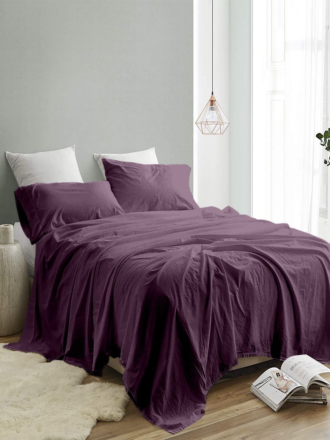 Sangria Purple 300 TC King Double Bedsheet With 2 Pillow Covers-2.74 m x 2.74 m