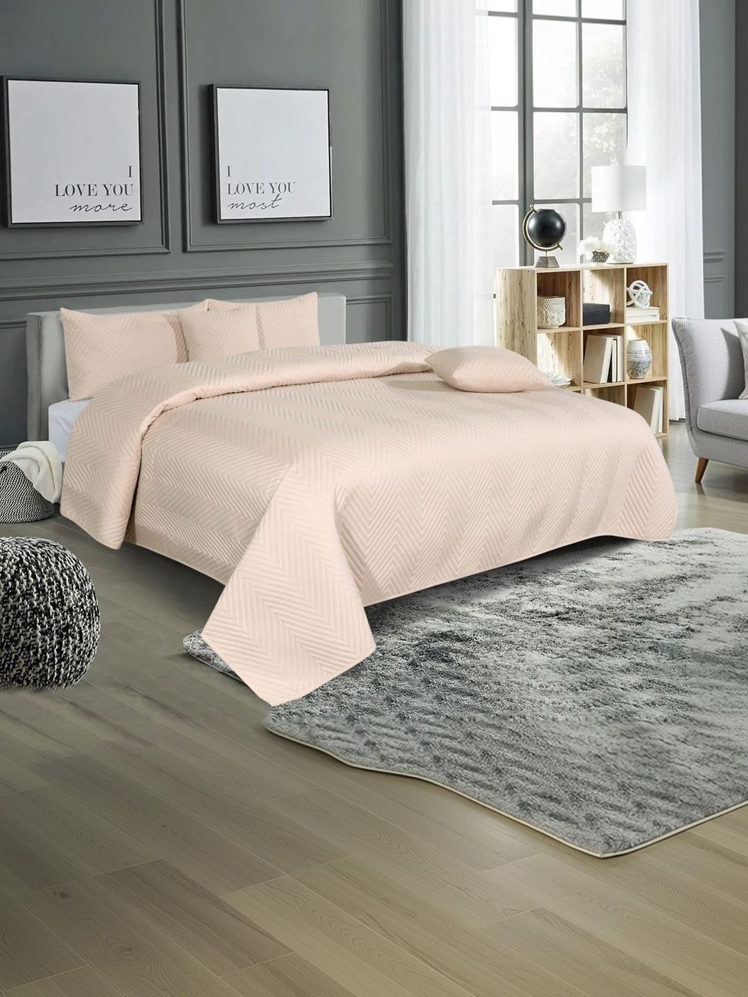 RD TREND Beige 5Pc Quilted Microfiber Bedcover Set with 3 Cushion Cover & 2 Pillow Cover-image-28