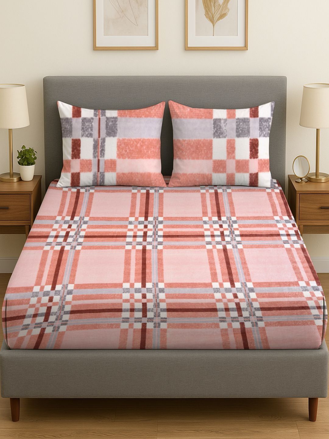 RRC Peach-Coloured Geometric 300 TC Bedsheet with 2 Pillow Covers-image-48