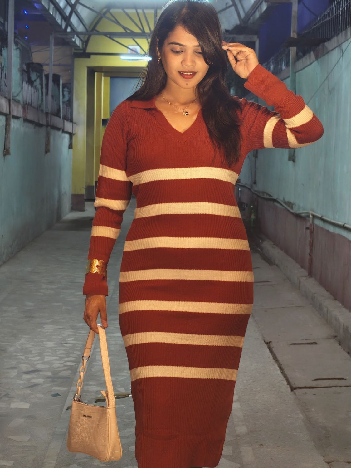 brown and red striped sweater dress Women's Maxi Sweater Dress