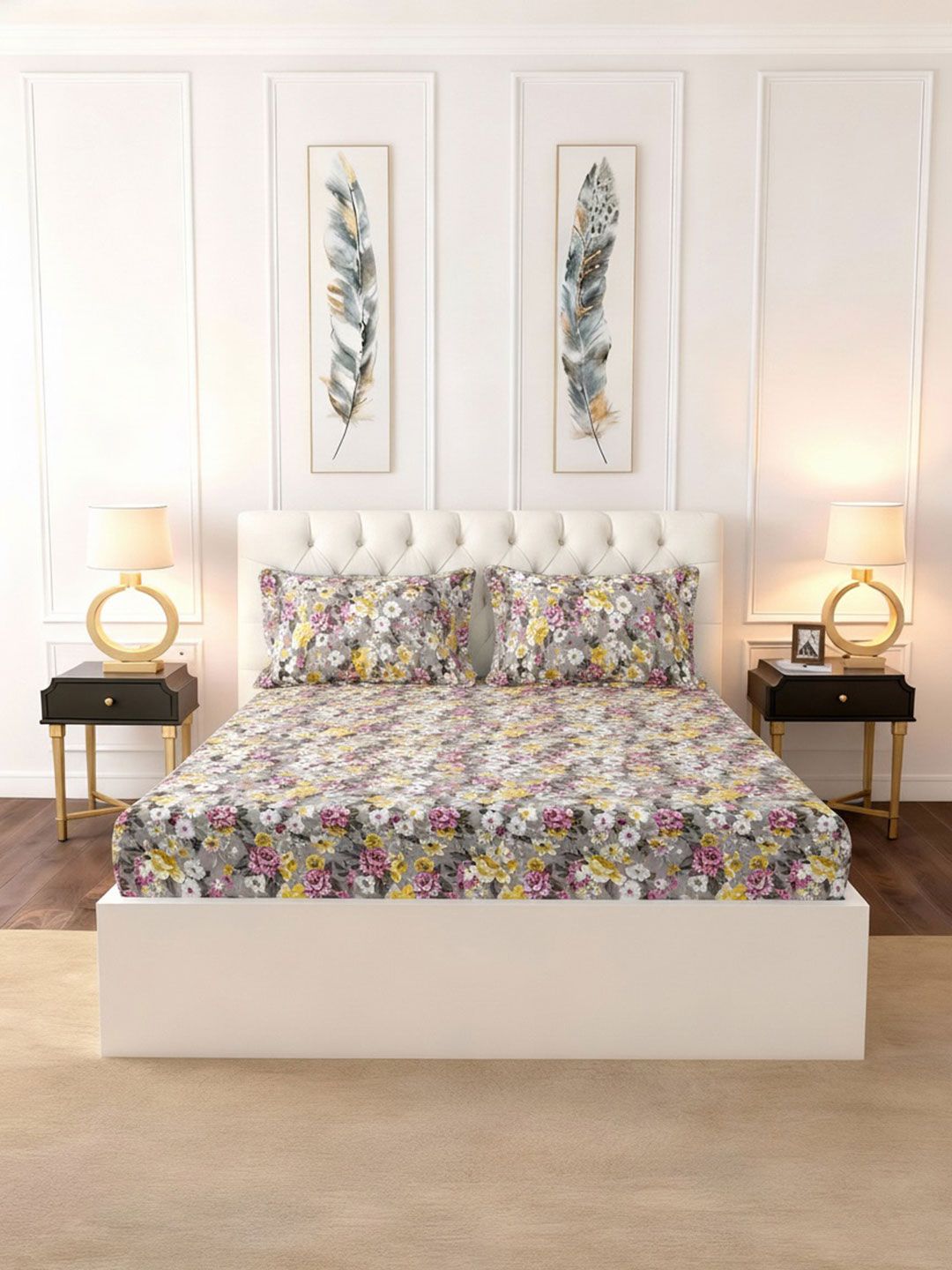 Raymond Home Grey Floral 100 TC Bedsheet with 2 Pillow Covers-picture-17
