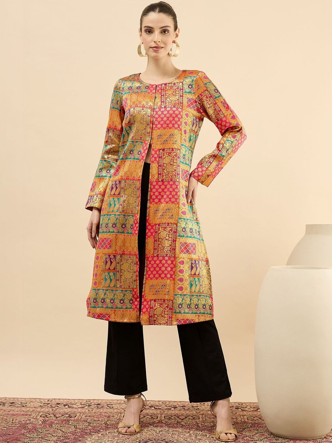 Antheaa Women Colourblocked Longline Open Front Jacket-picture-30