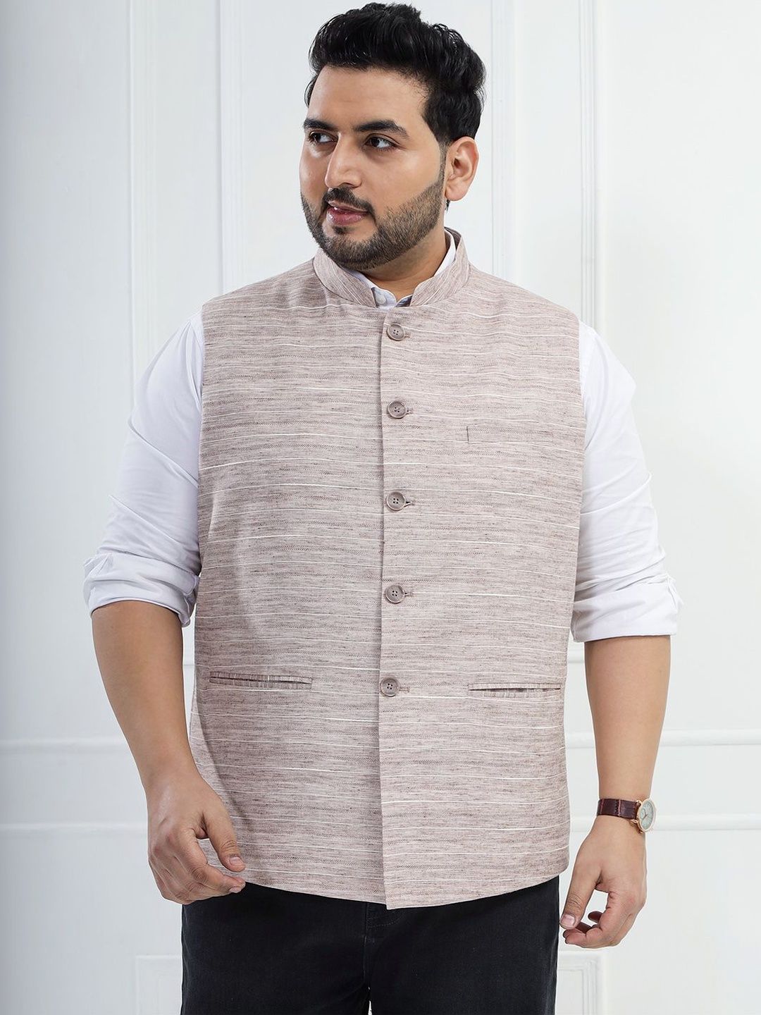 John Pride Striped Woven Nehru Jackets-image-42