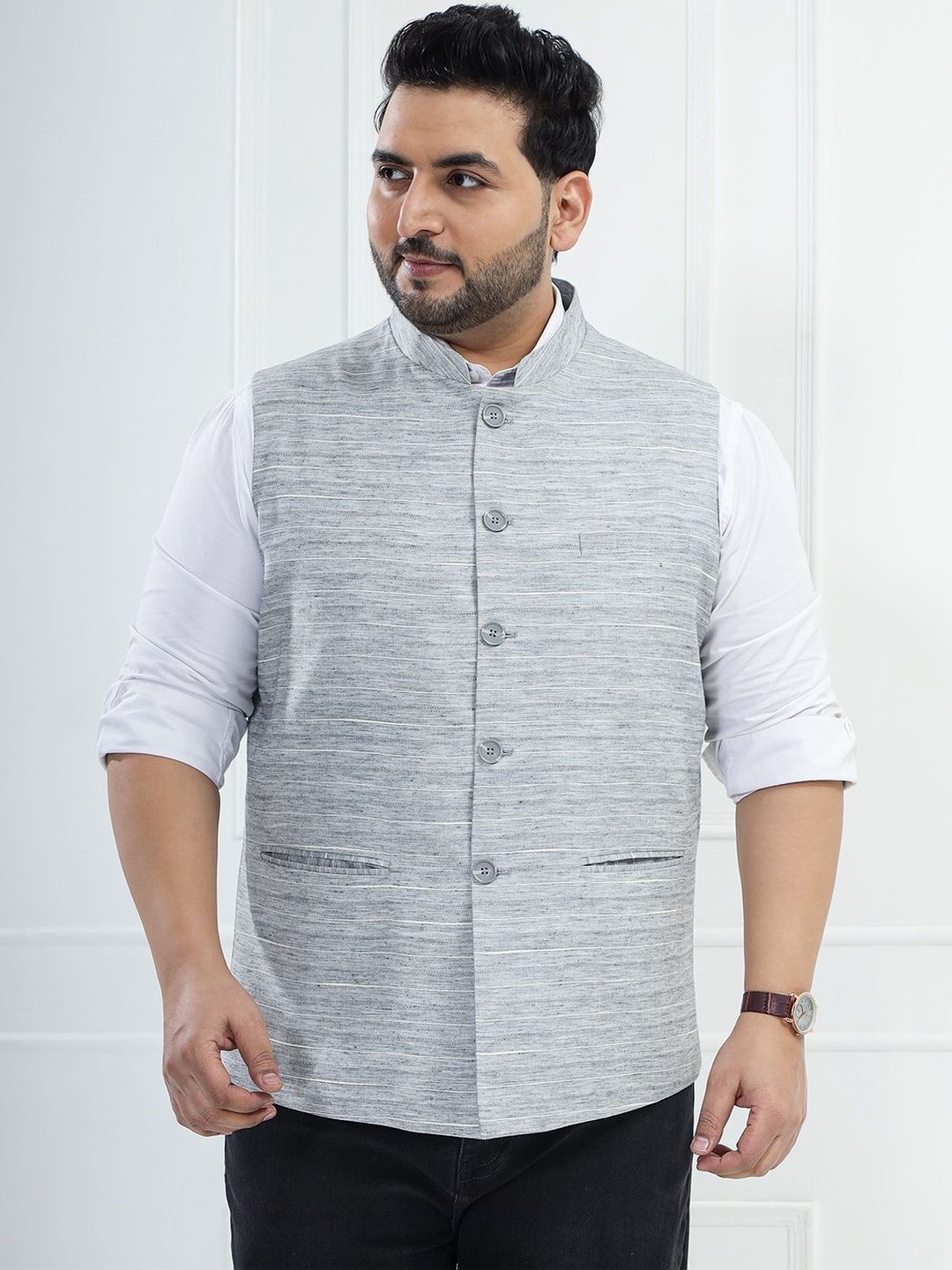 John Pride Striped Woven Nehru Jackets-image-43