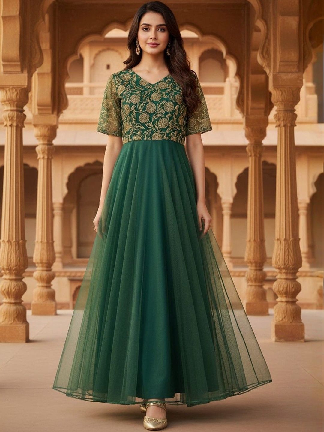 Inddus Thread & Sequinned Embroidered Gown Ethnic Dress-picture-0