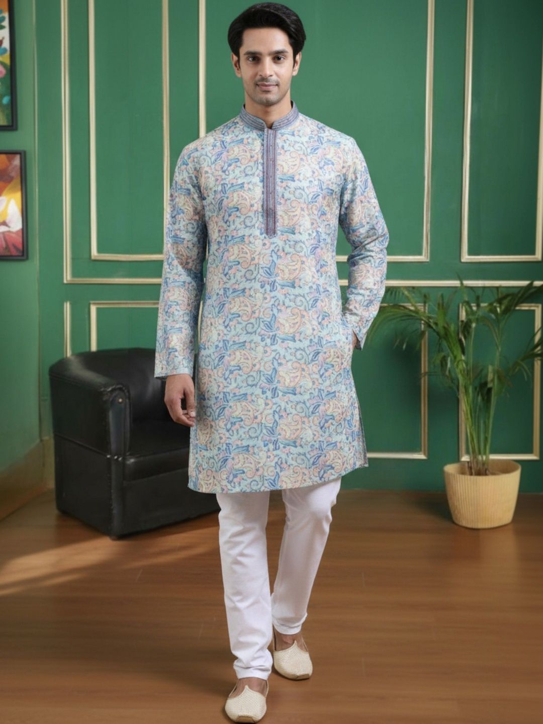 TATTVA Men Floral Thread Work Floral Jacquard Kurta-picture-46