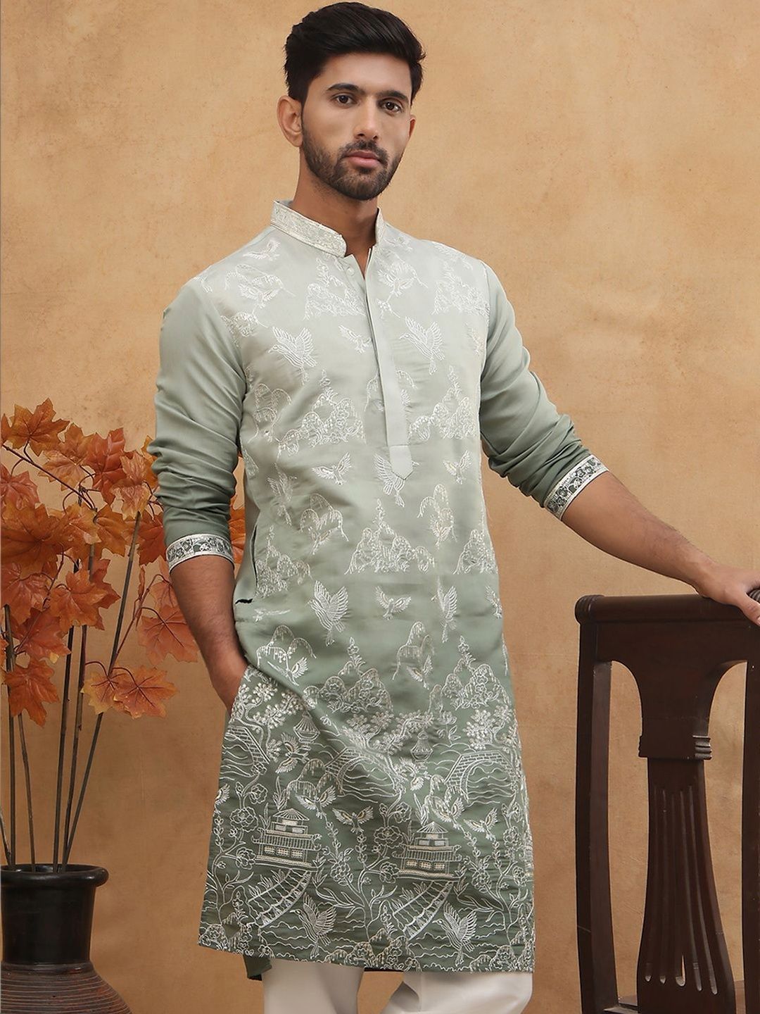 House of Pataudi Embroidered Mandarin Collar Knee Length Straight Kurtas-picture-15